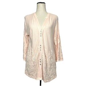 Soft Surroundings Pink Lace Emproidered‎ Button Front Lightweight Knit Blouse S